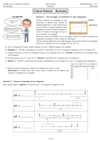 Miniature Fiche Activités Calcul Littéral Partie 1