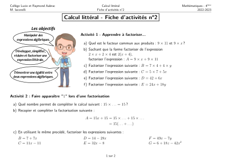 Miniature Fiche Activités Calcul Littéral Partie 2