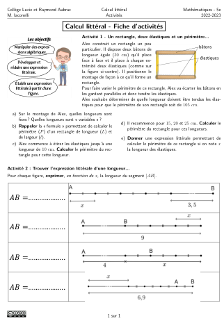 Miniature Fiche Activités Calcul Littéral