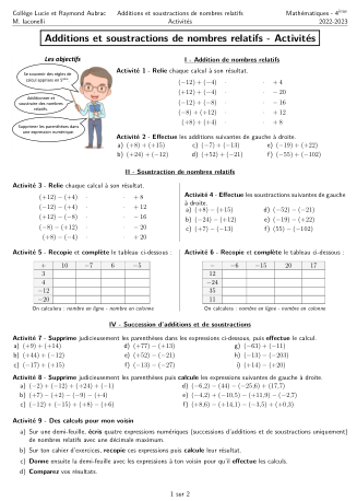 Miniature Fiche Activités Nombres relatifs Additions et soustractions