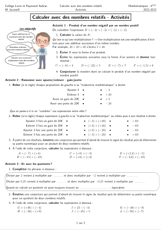 Miniature Fiche Activités Nombres relatifs Toutes opérations