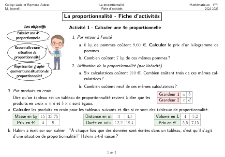 Miniature Fiche Activités Proportionnalité