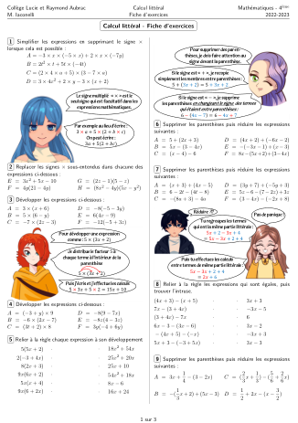 Miniature Fiche Exercices Calcul Littéral Partie 1