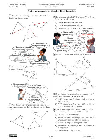 Miniature Fiche Exercices Droites remarquables du triangle