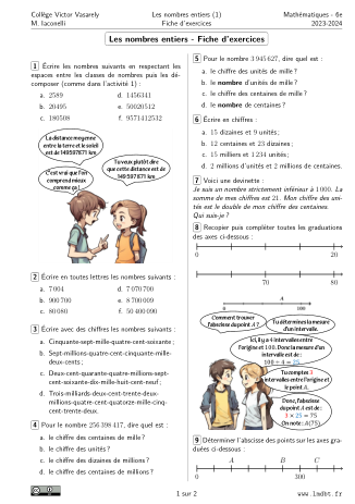 Miniature Fiche Exercices Les nombres entiers