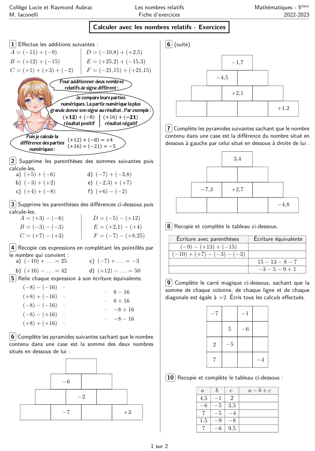 Miniature Fiche Exercices Nombres Relatifs