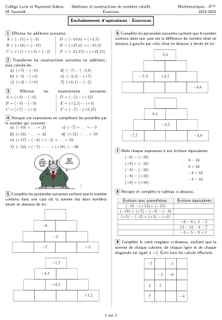 Miniature Fiche Exercices Nombres relatifs Additions et soustractions