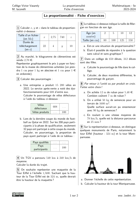 Miniature Fiche Exercices Proportionnalité