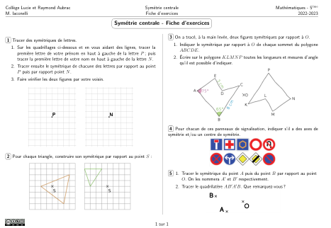 Miniature Fiche Exercices Symétrie centrale