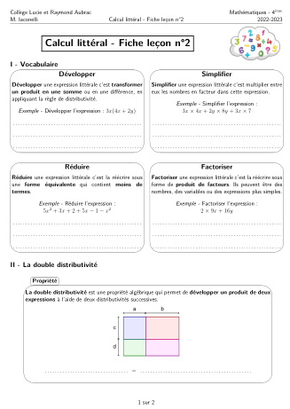 Miniature Fiche Leçon  Calcul Littéral Partie 2