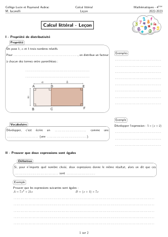 Miniature Fiche Leçon  Calcul Littéral Partie 1