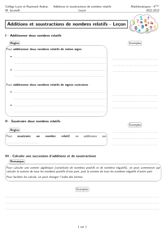 Miniature Fiche Leçon Nombres relatifs Additions et soustractions