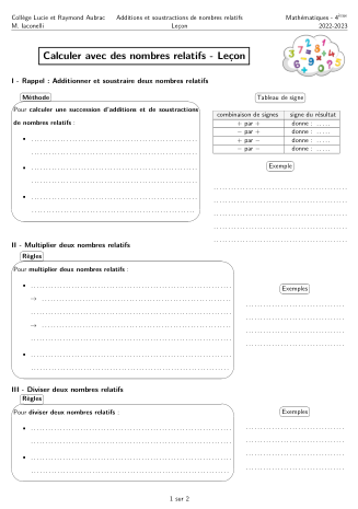 Miniature Fiche Leçon Nombres relatifs Additions et soustractions