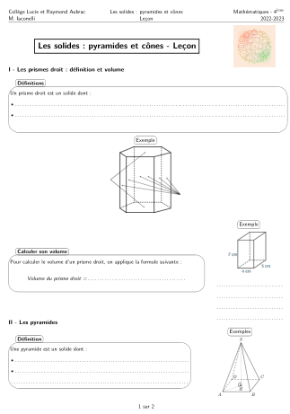 Miniature Fiche Leçon Pyramides et cônes