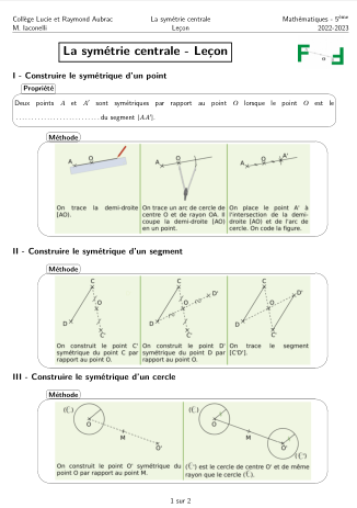 Miniature Fiche Leçon Symétrie Centrale
