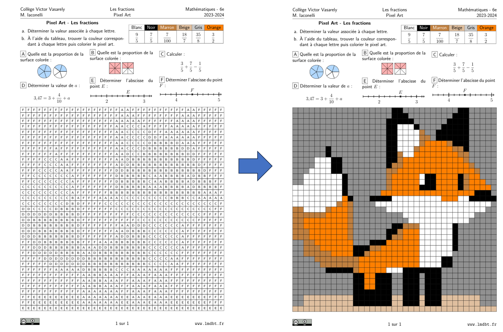 Exemple de fiche d'exercice sur les fractions avec un pixel-art de renard
